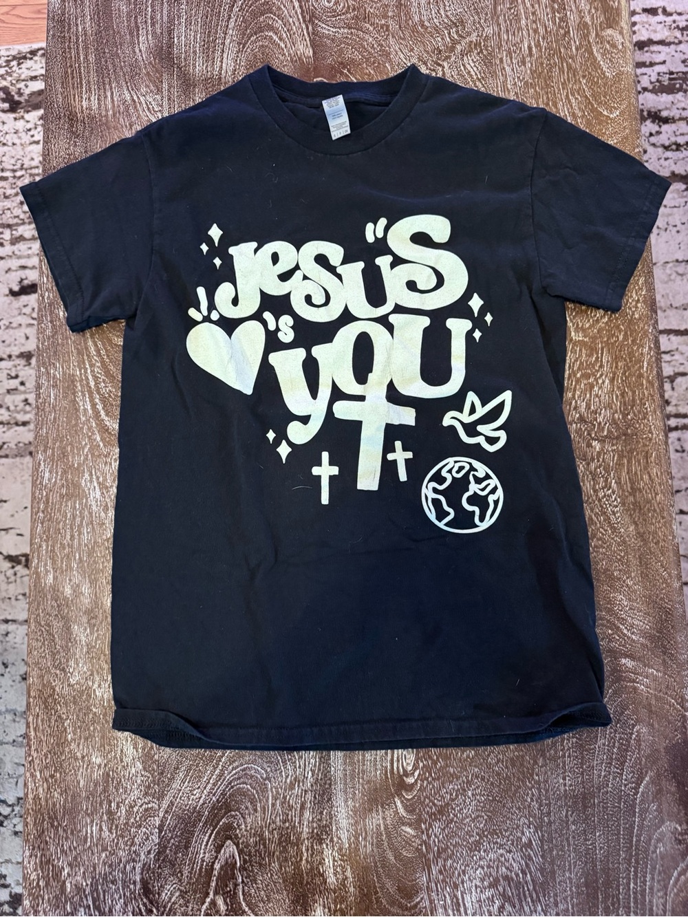 Black Short-Sleeve Tee with 'Jesus Loves You' Graphic
